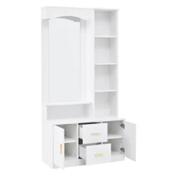 Meubles d'entrée - Vestiaire avec Miroir et Rangement Multifonction, 2 Tiroirs, 2 Portes et Étagères, MDF, Blanc, 90x40x180 cm