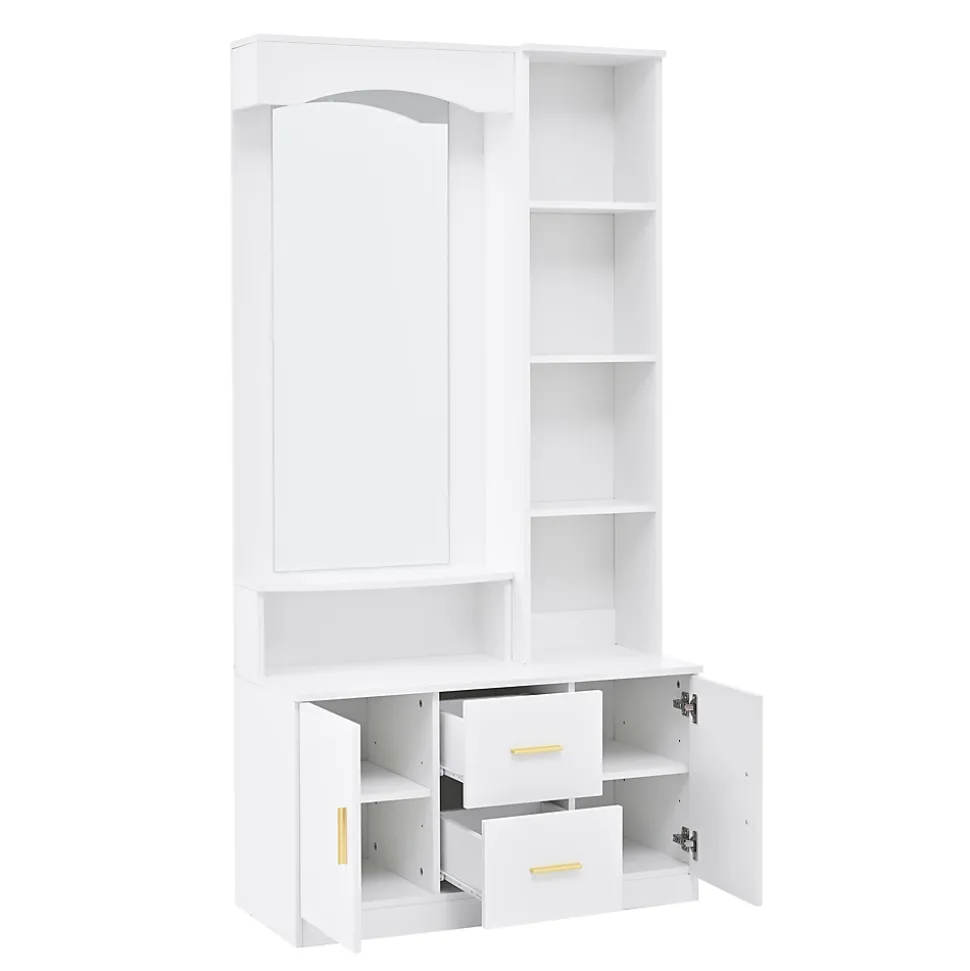 Meubles d'entrée - Vestiaire avec Miroir et Rangement Multifonction, 2 Tiroirs, 2 Portes et Étagères, MDF, Blanc, 90x40x180 cm