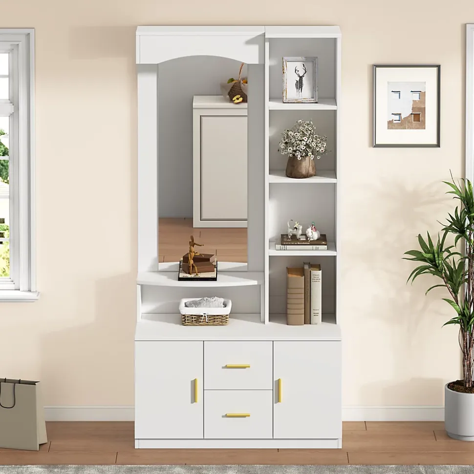 Meubles d'entrée - Vestiaire avec Miroir et Rangement Multifonction, 2 Tiroirs, 2 Portes et Étagères, MDF, Blanc, 90x40x180 cm