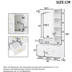 Meubles d'entrée - Vestiaire avec Miroir et Rangement Multifonction, 2 Tiroirs, 2 Portes et Étagères, MDF, Blanc, 90x40x180 cm
