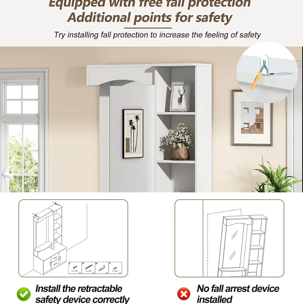 Meubles d'entrée - Vestiaire avec Miroir et Rangement Multifonction, 2 Tiroirs, 2 Portes et Étagères, MDF, Blanc, 90x40x180 cm