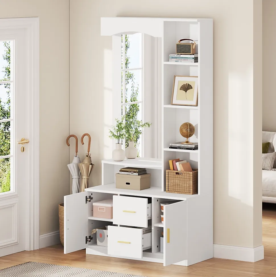 Meubles d'entrée - Vestiaire avec Miroir et Rangement Multifonction, 2 Tiroirs, 2 Portes et Étagères, MDF, Blanc, 90x40x180 cm