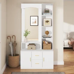 Meubles d'entrée - Vestiaire avec Miroir et Rangement Multifonction, 2 Tiroirs, 2 Portes et Étagères, MDF, Blanc, 90x40x180 cm