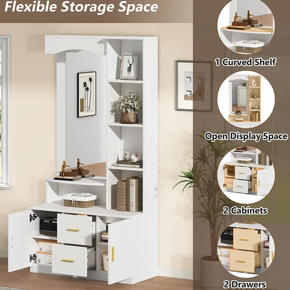 Meubles d'entrée - Vestiaire avec Miroir et Rangement Multifonction, 2 Tiroirs, 2 Portes et Étagères, MDF, Blanc, 90x40x180 cm