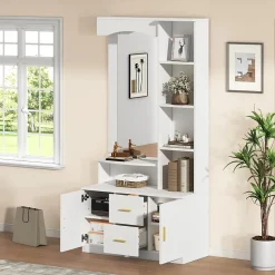 Meubles d'entrée - Vestiaire avec Miroir et Rangement Multifonction, 2 Tiroirs, 2 Portes et Étagères, MDF, Blanc, 90x40x180 cm