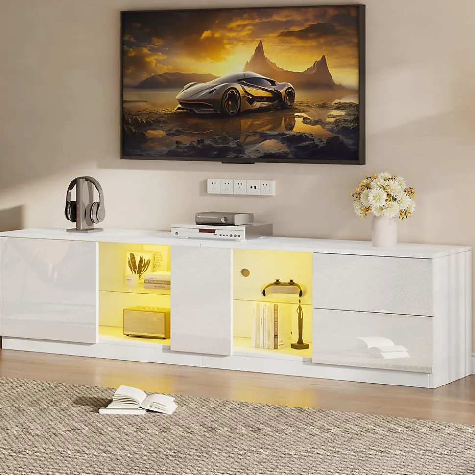 Meubles TV avec Éclairage LED et 2 Tiroirs - Buffet Bas Haut Brillant en MDF et Verre Trempé, Blanc, 160x40x52 cm