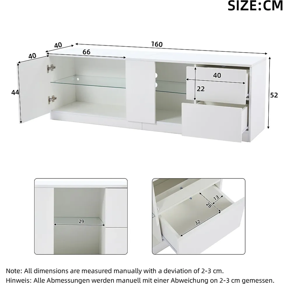 Meubles TV avec Éclairage LED et 2 Tiroirs - Buffet Bas Haut Brillant en MDF et Verre Trempé, Blanc, 160x40x52 cm