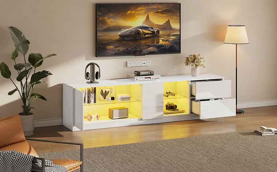 Meubles TV avec Éclairage LED et 2 Tiroirs - Buffet Bas Haut Brillant en MDF et Verre Trempé, Blanc, 160x40x52 cm