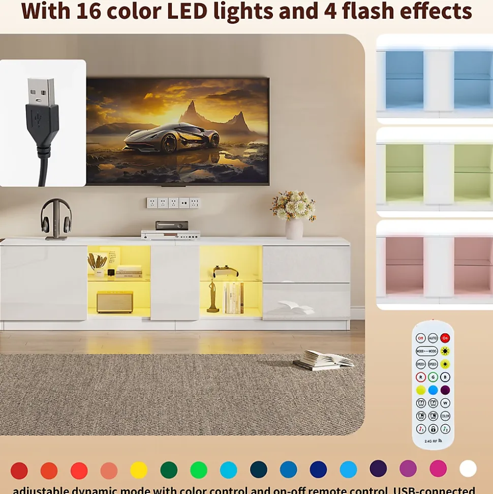 Meubles TV avec Éclairage LED et 2 Tiroirs - Buffet Bas Haut Brillant en MDF et Verre Trempé, Blanc, 160x40x52 cm