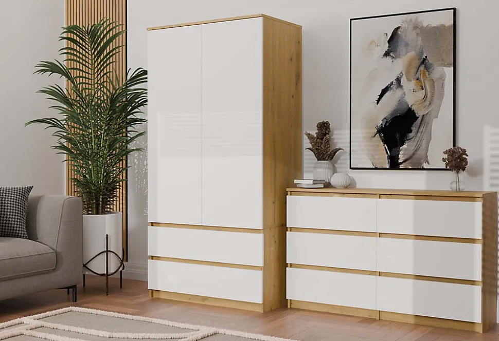 MILAN - Commode de chambre large 6 tiroirs - 30x120x77cm - Meuble de rangement - artisan et blanc