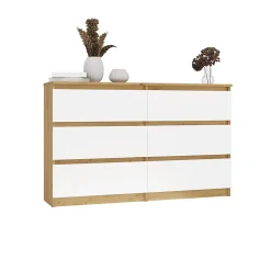 MILAN - Commode de chambre large 6 tiroirs - 30x120x77cm - Meuble de rangement - artisan et blanc