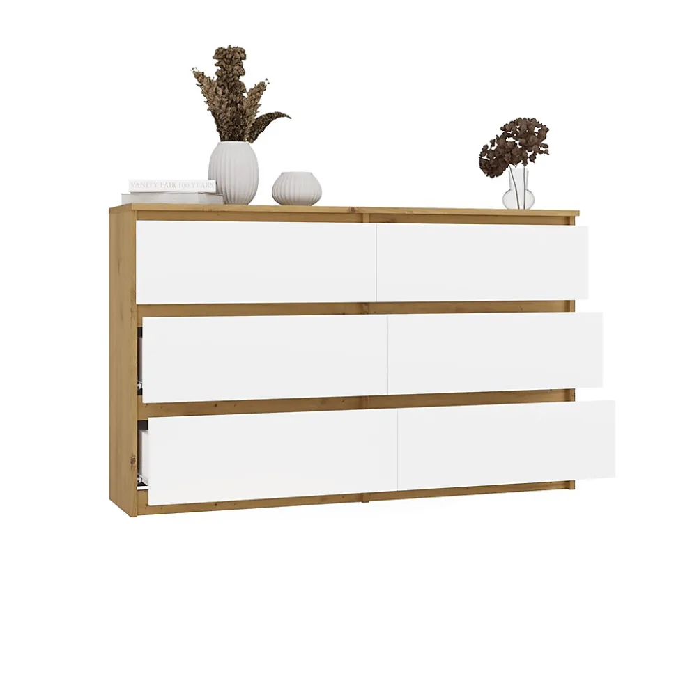 MILAN - Commode de chambre large 6 tiroirs - 30x120x77cm - Meuble de rangement - artisan et blanc
