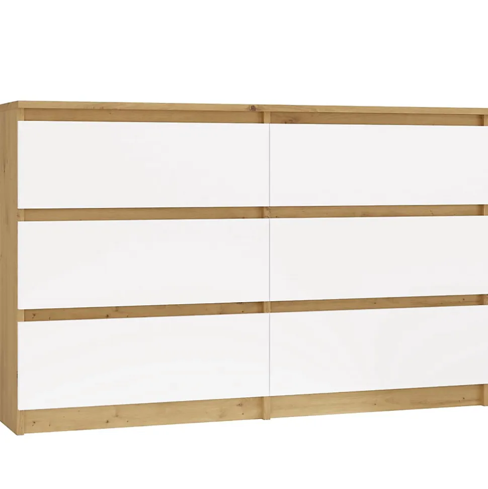 MILAN - Commode de chambre large 6 tiroirs - 30x120x77cm - Meuble de rangement - artisan et blanc
