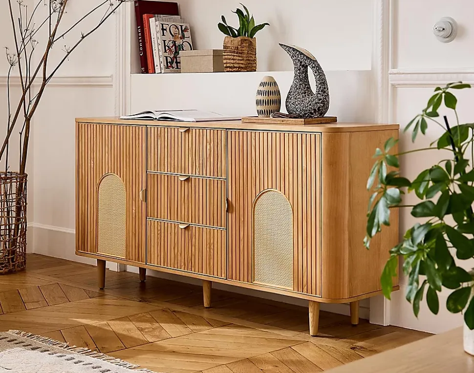 Milazzo - buffet bas - bois plaqué chêne et cannage - 3 tiroirs et 2 portes - 160 cm - Lisa Design