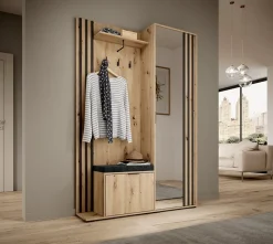 Minio go for it, Ensemble vestiaire NEL, avec miroir, avec siège tapissé, 131 cm, Chêne Artisan / Couleur noire