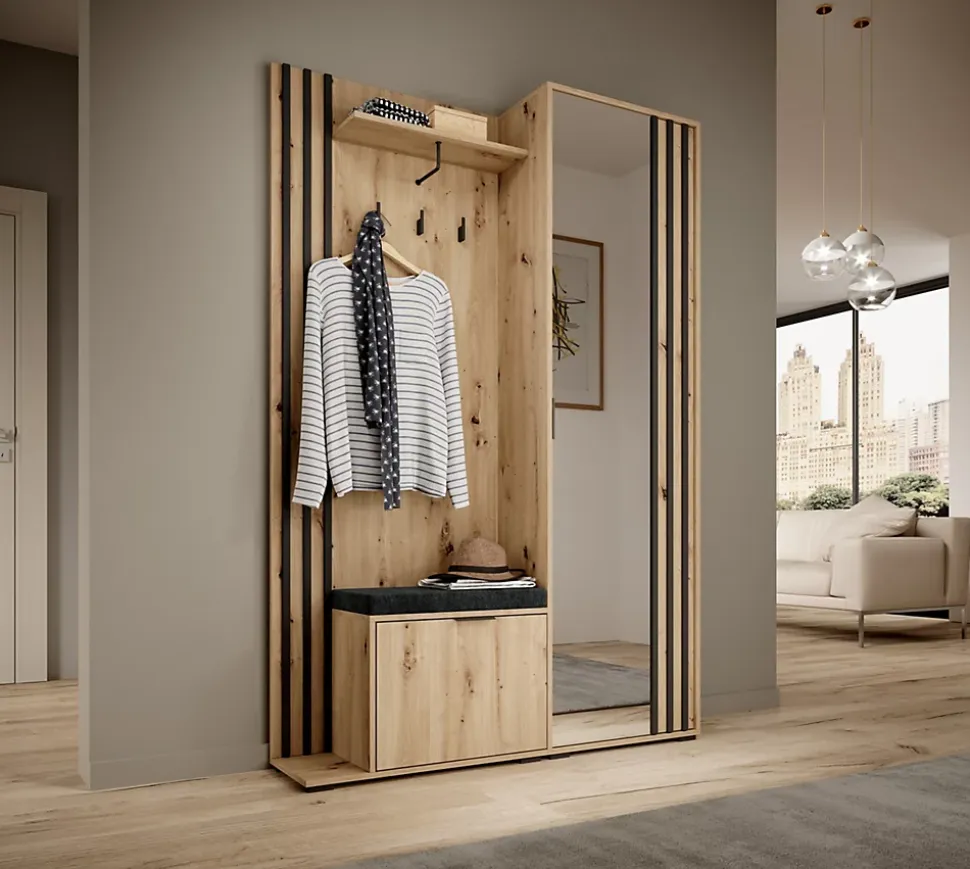 Minio go for it, Ensemble vestiaire NEL, avec miroir, avec siège tapissé, 131 cm, Chêne Artisan / Couleur noire