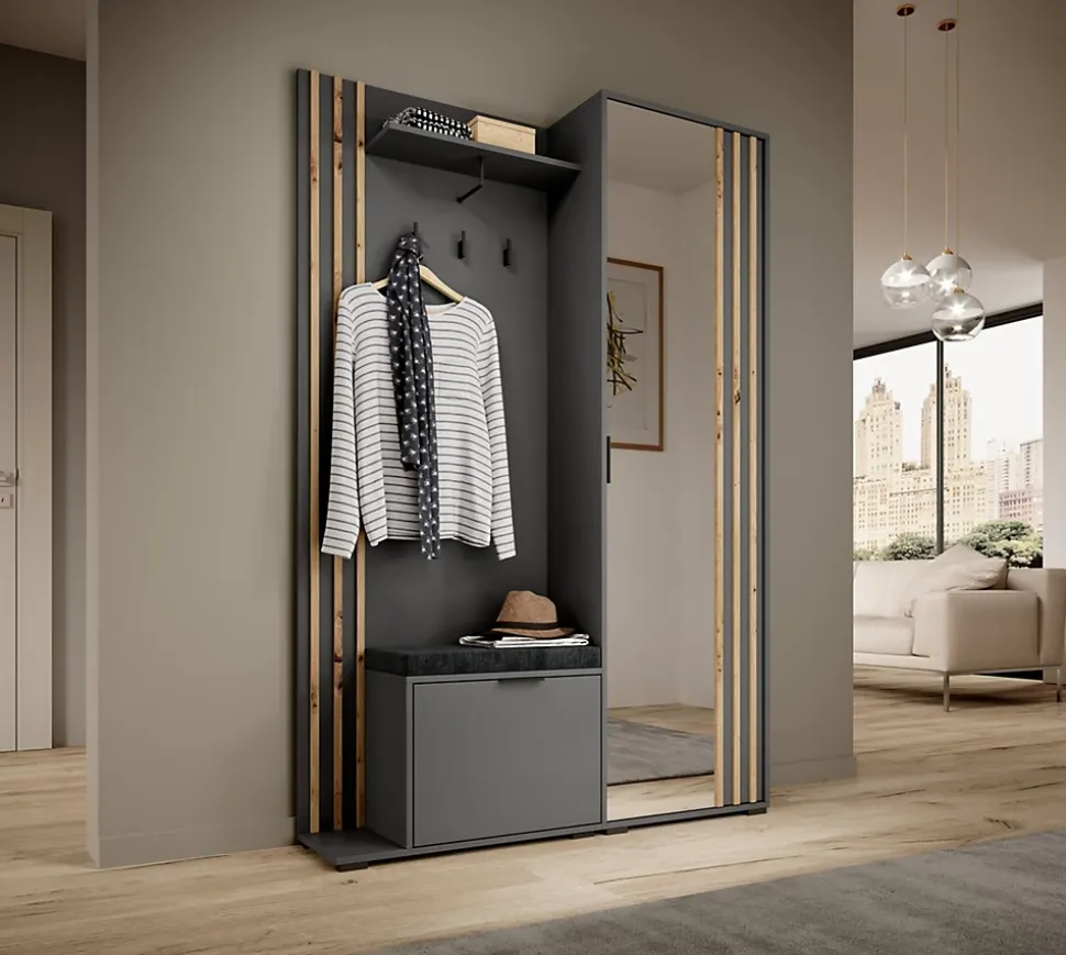 Minio go for it, Ensemble vestiaire NEL, avec miroir, avec siège tapissé, 131 cm, Chêne Artisan / Couleur graphite