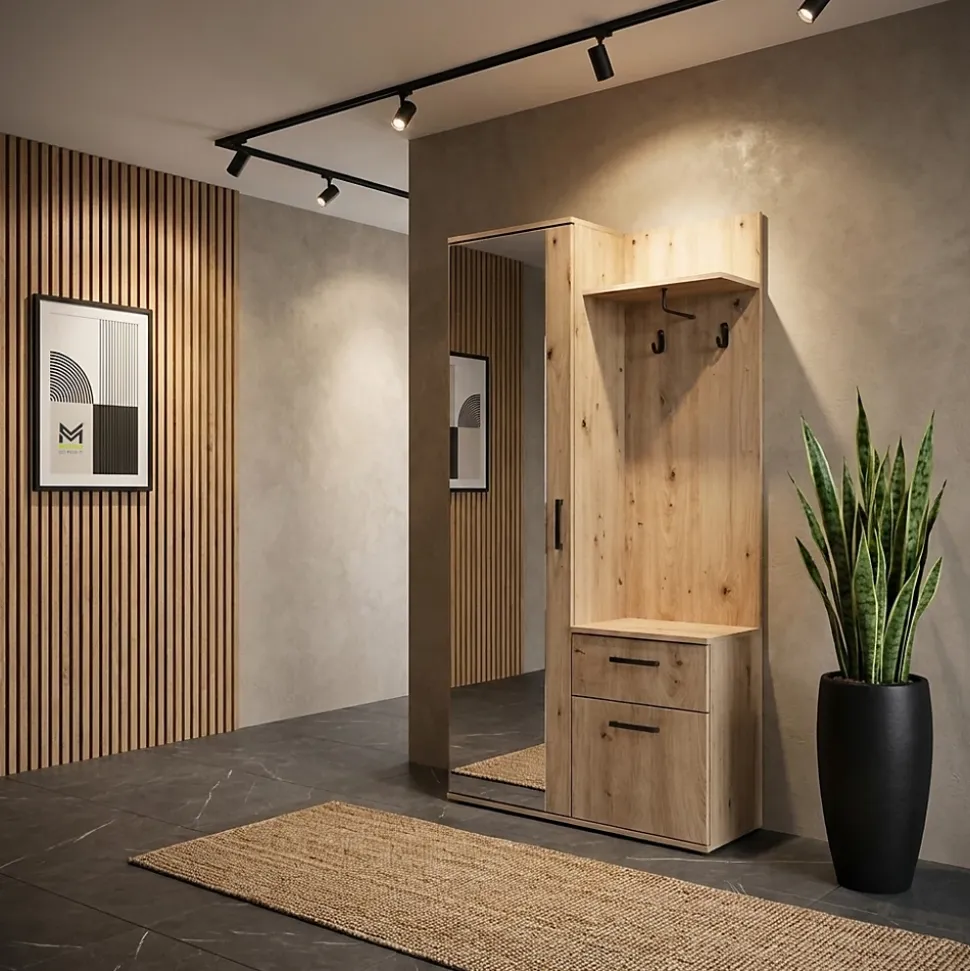 Minio go for it, Ensemble vestiaire ALEX avec miroir 97x195x30, chêne Artisan