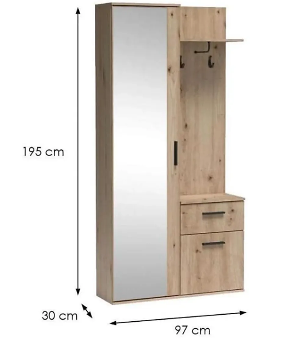 Minio go for it, Ensemble vestiaire ALEX avec miroir 97x195x30, chêne Sonoma