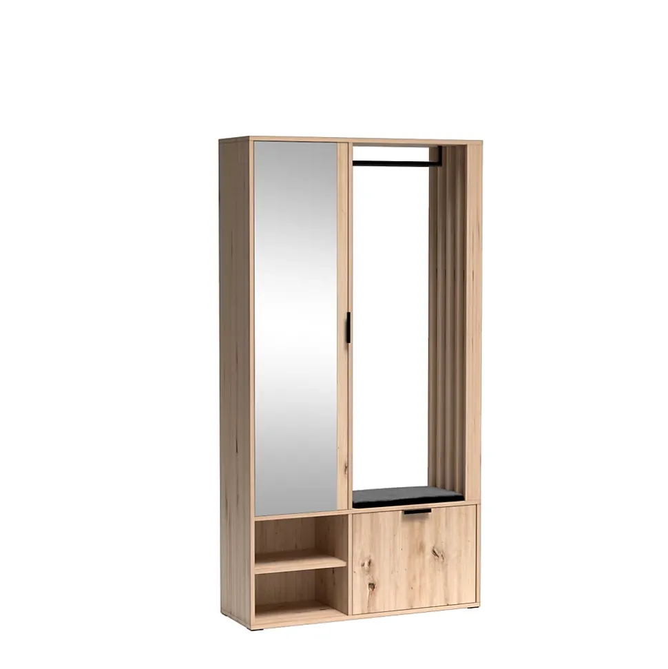 Minio go for it, Ensemble vestiaire MILO 100 cm, avec coussin d'assise, avec miroir, Chêne Artisan