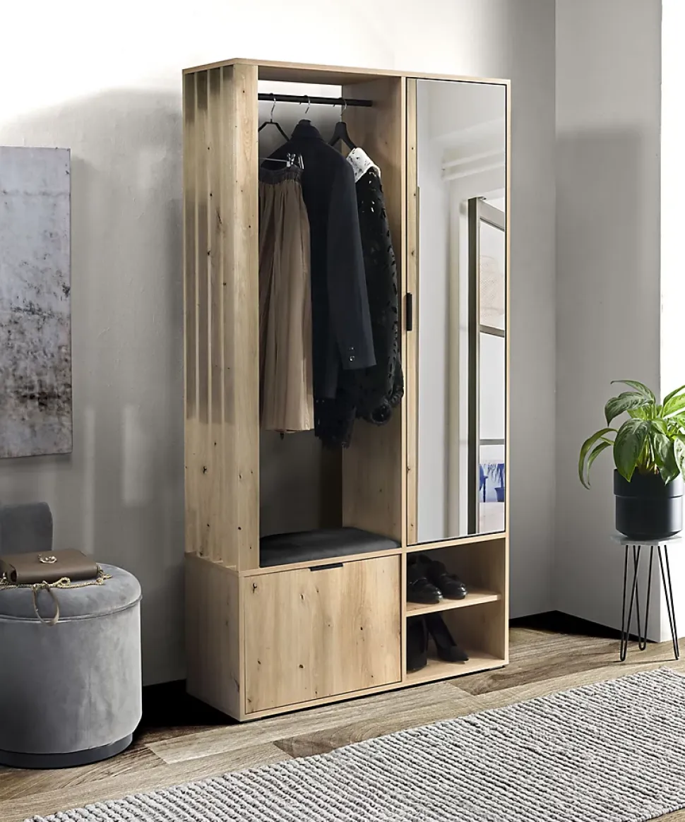 Minio go for it, Ensemble vestiaire MILO 100 cm, avec coussin d'assise, avec miroir, Chêne Artisan