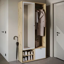 Minio go for it, Ensemble vestiaire DAFNI avec miroir 90x190x33, chêne Artisan/blanc