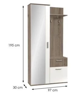 Minio go for it, Ensemble vestiaire ALEX avec miroir 97x195x30, chêne truffé et blanc