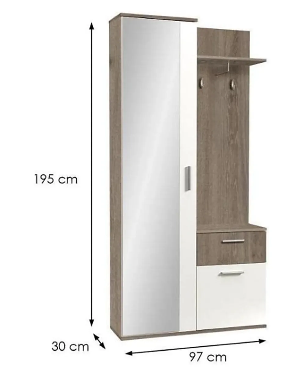 Minio go for it, Ensemble vestiaire ALEX avec miroir 97x195x30, chêne truffé et blanc