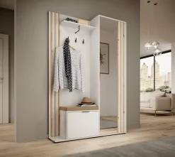 Minio go for it, Ensemble vestiaire NEL, avec miroir, avec siège tapissé, 131 cm, Chêne Artisan / Couleur blanc