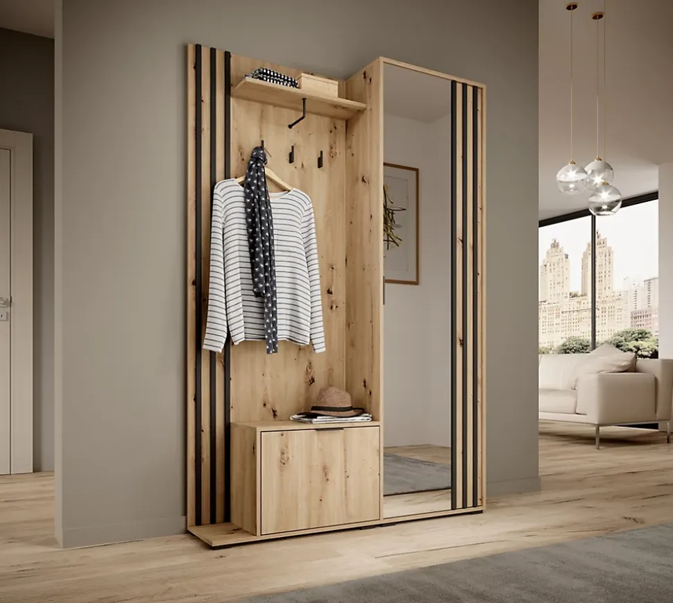 Minio go for it, Ensemble vestiaire NEL, avec miroir, 131 cm, Chêne Artisan / Couleur noire
