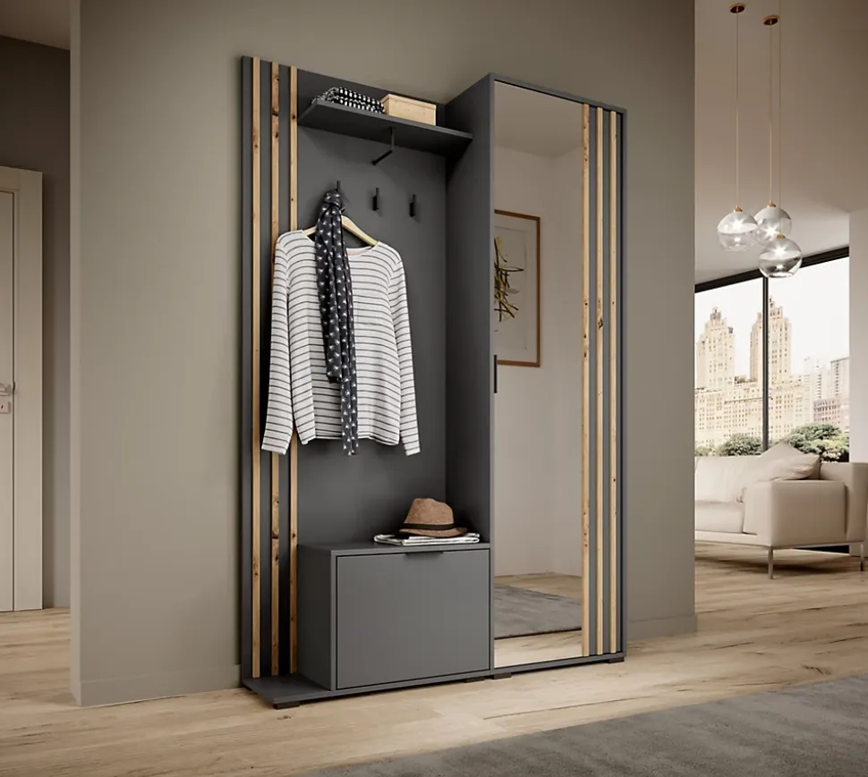 Minio go for it, Ensemble vestiaire NEL, avec miroir, 131 cm, Chêne Artisan / Couleur graphite