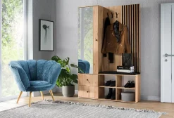 Minio go for it, Ensemble vestiaire MALI, avec miroir, avec lamelles 3D, avec siège tapissé, Chêne Artisan / Couleur noire