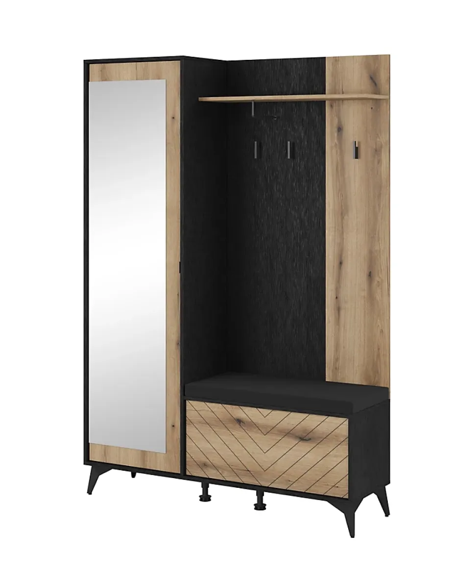 Minio go for it, Ensemble vestiaire DIADEM, avec miroir, avec siège tapissé, 134 cm, Chêne Evoke / Couleur noire