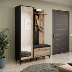 Minio go for it, Ensemble vestiaire DIADEM, avec miroir, avec siège tapissé, 134 cm, Chêne Evoke / Couleur noire