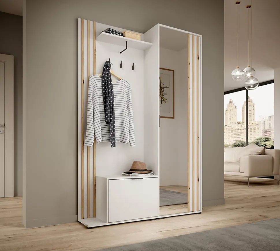 Minio go for it, Ensemble vestiaire NEL, avec miroir, 131 cm, Chêne Artisan / Couleur blanc