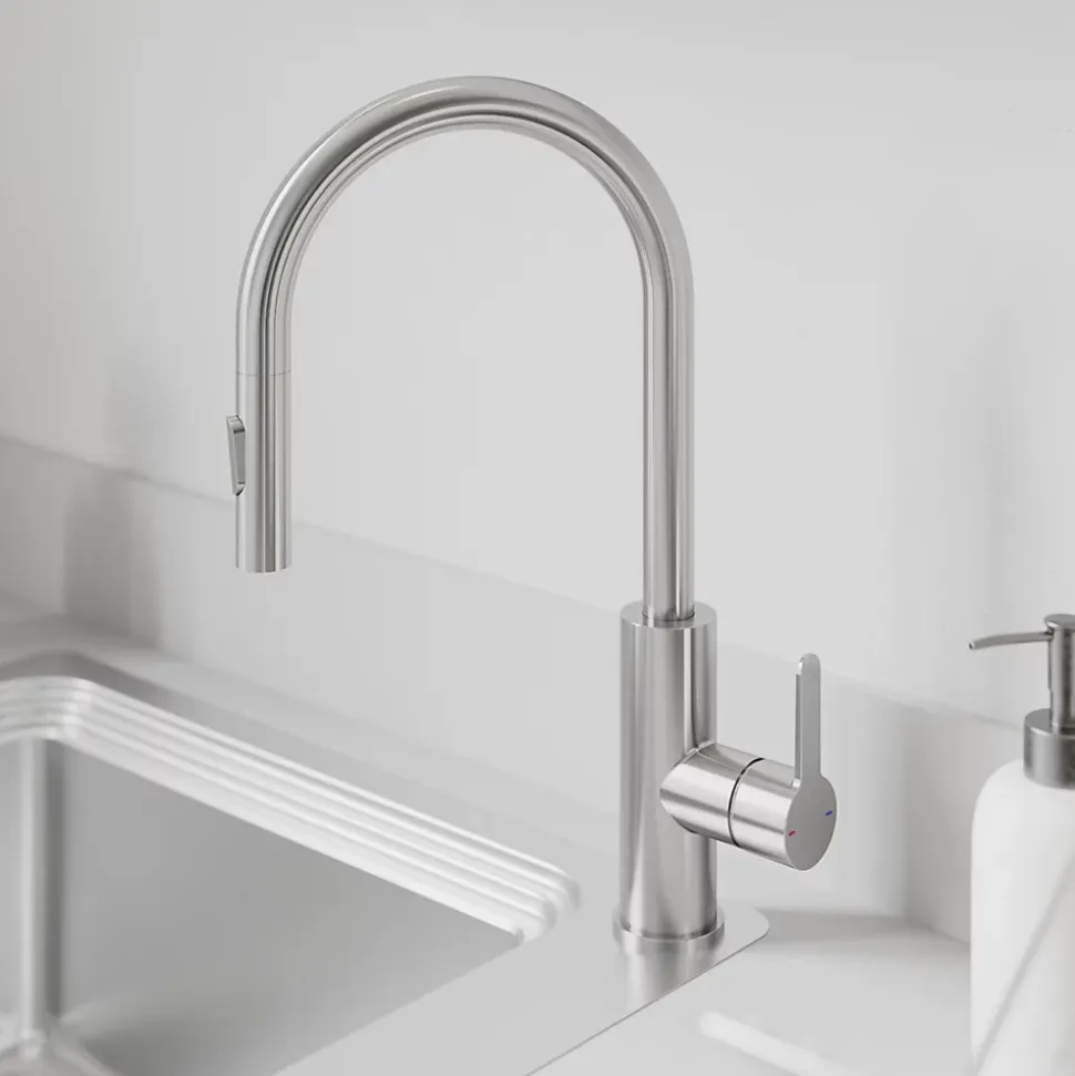 Mitigeur de cuisine avec douchette effet inox brossé GoodHome Zanthe