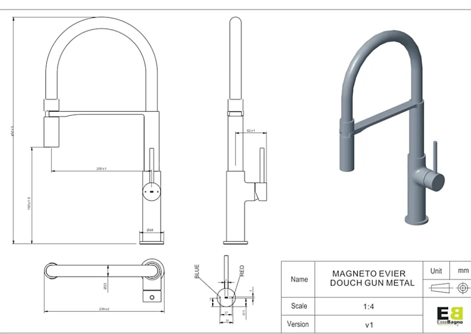 Mitigeur de cuisine gun métal avec douchette EsseBagno Magnet