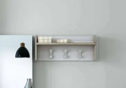 Mobilier d'entrée Angry, Cintre avec 3 crochets, Etagère de rangement d'entrée, 100% Made in Italy, 90x29h34 cm, Blanc et Chêne