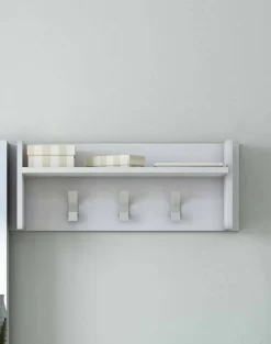 Mobilier d'entrée Angry, Cintre avec 3 crochets, Etagère de rangement d'entrée, 100% Made in Italy, 90x29h34 cm, Blanc
