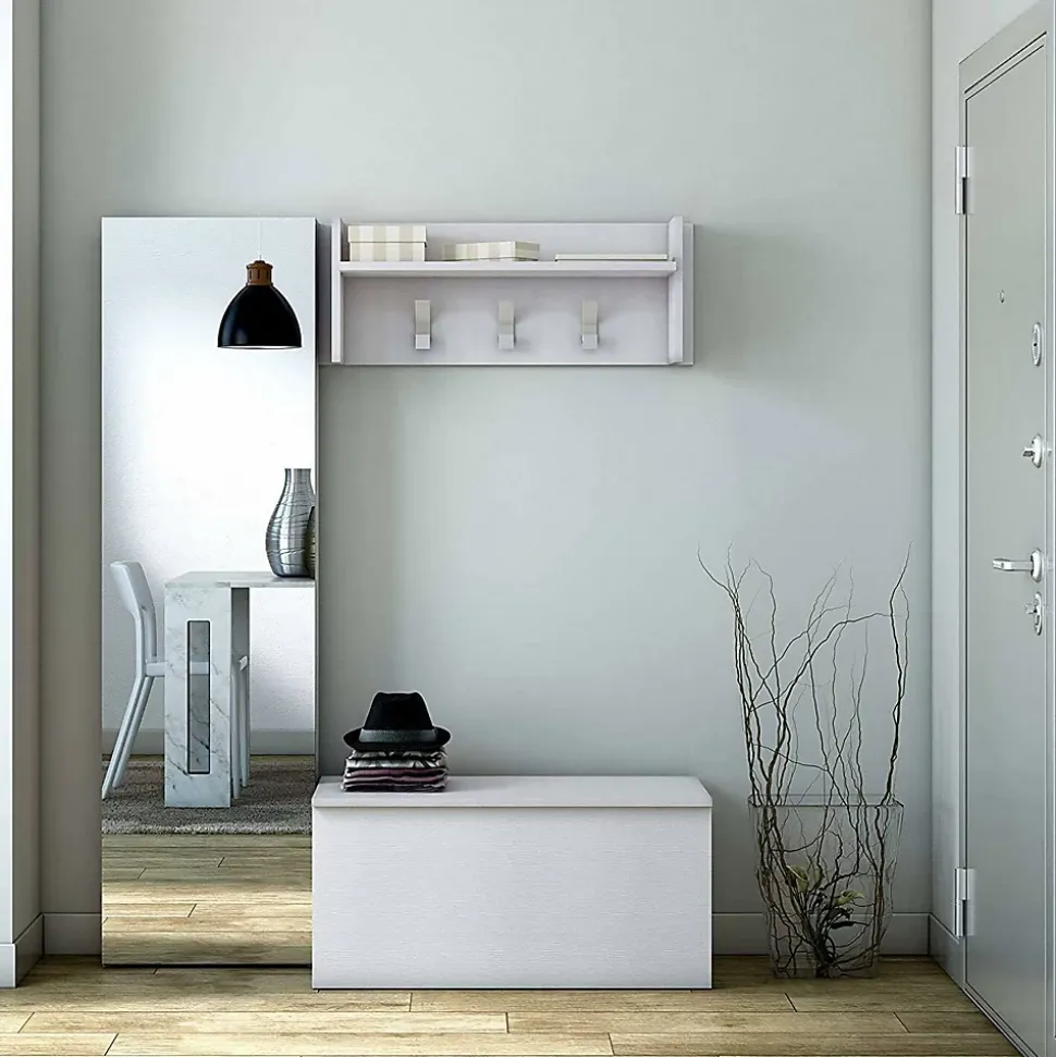 Mobilier d'entrée Angry, Cintre avec 3 crochets, Etagère de rangement d'entrée, 100% Made in Italy, 90x29h34 cm, Blanc