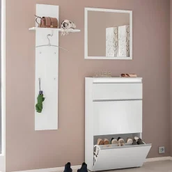 Mobilier d'entrée Omer, Entrée multifonction moderne, Casier polyvalent pour hall d'entrée, 50x27h140 cm, Blanc brillant