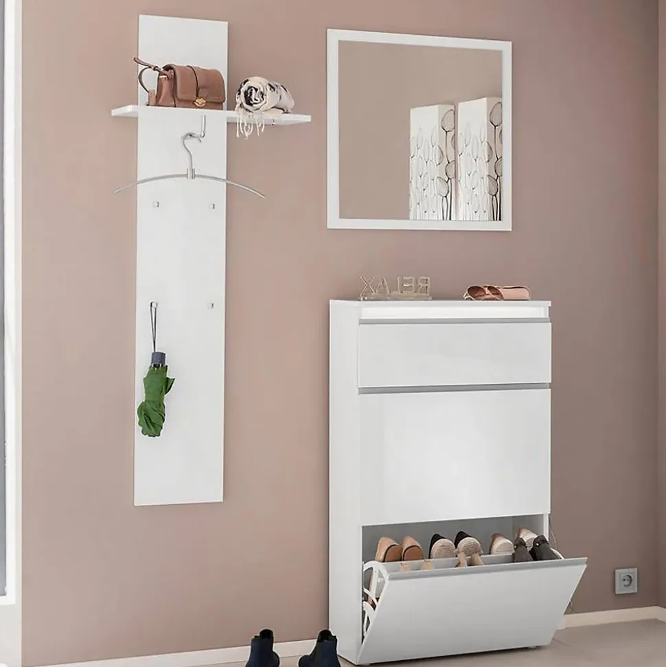 Mobilier d'entrée Omer, Entrée multifonction moderne, Casier polyvalent pour hall d'entrée, 50x27h140 cm, Blanc brillant