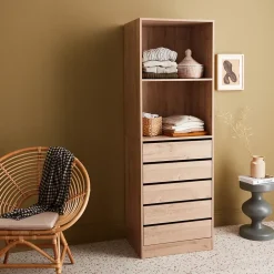 Module dressing avec 5 tiroirs et 2 étagères. naturel. panneaux stratifiés