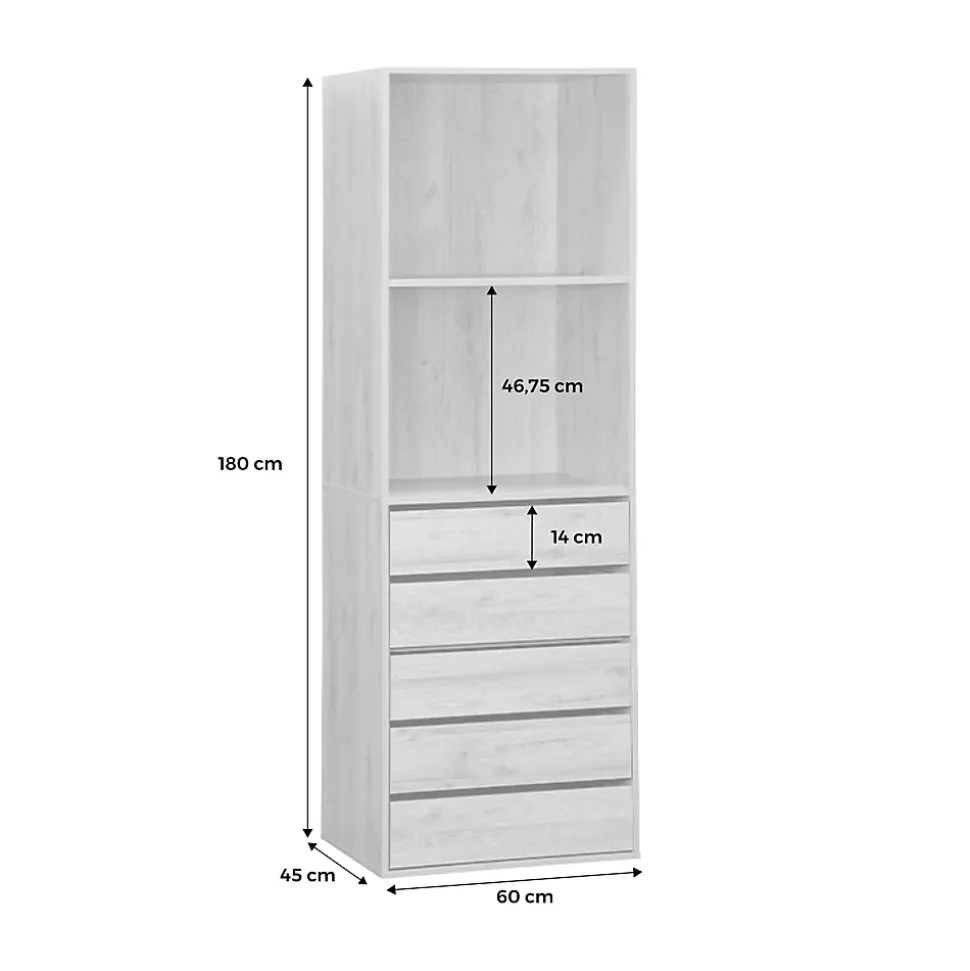 Module dressing avec 5 tiroirs et 2 étagères. noyer. panneaux stratifiés