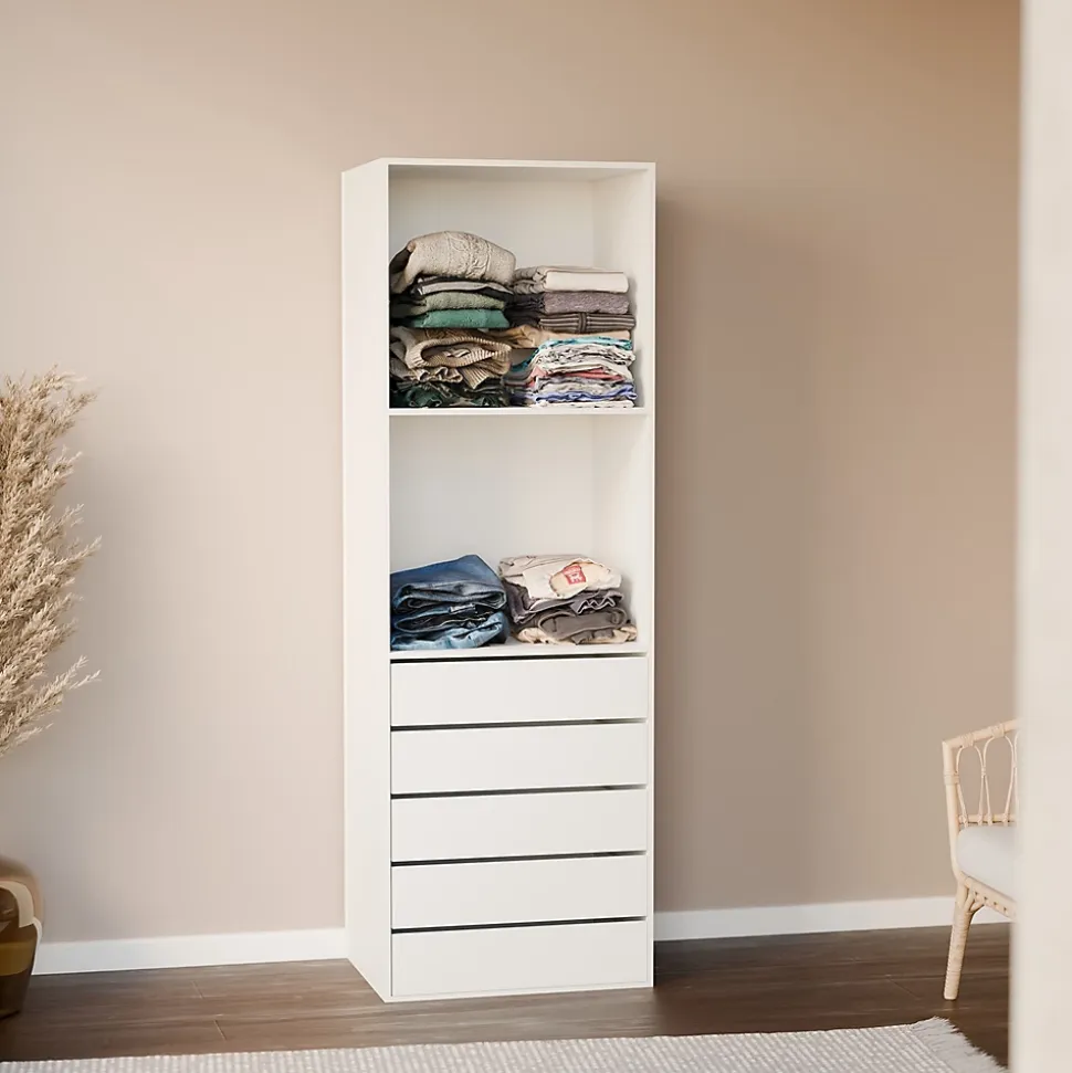 Module dressing avec 5 tiroirs et 2 étagères. blanc. panneaux stratifiés