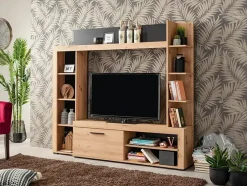 Mur TV BALTIMORE - Avec rangements - Coloris : Chêne & Anthracite