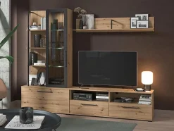Mur TV DUBLIN avec rangements - Coloris: Chêne & noir
