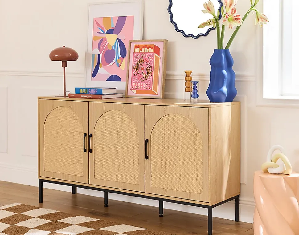 Nagato - buffet bas - cannage et effet bois - 3 portes - 150 cm - Best Mobilier