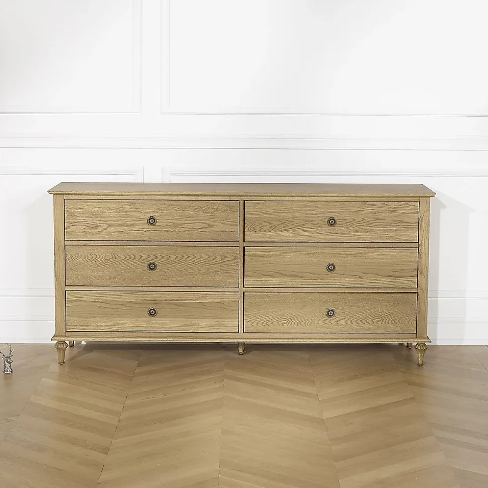 OLIVIA Commode Shabby chic en chêne, 6 tiroirs