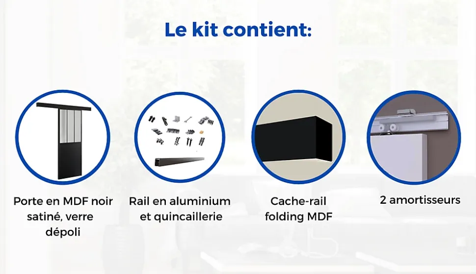 OPTIMUM Kit porte coulissante + rail Atelier - H204 x L83 x P4 cm - Noir verre depoli